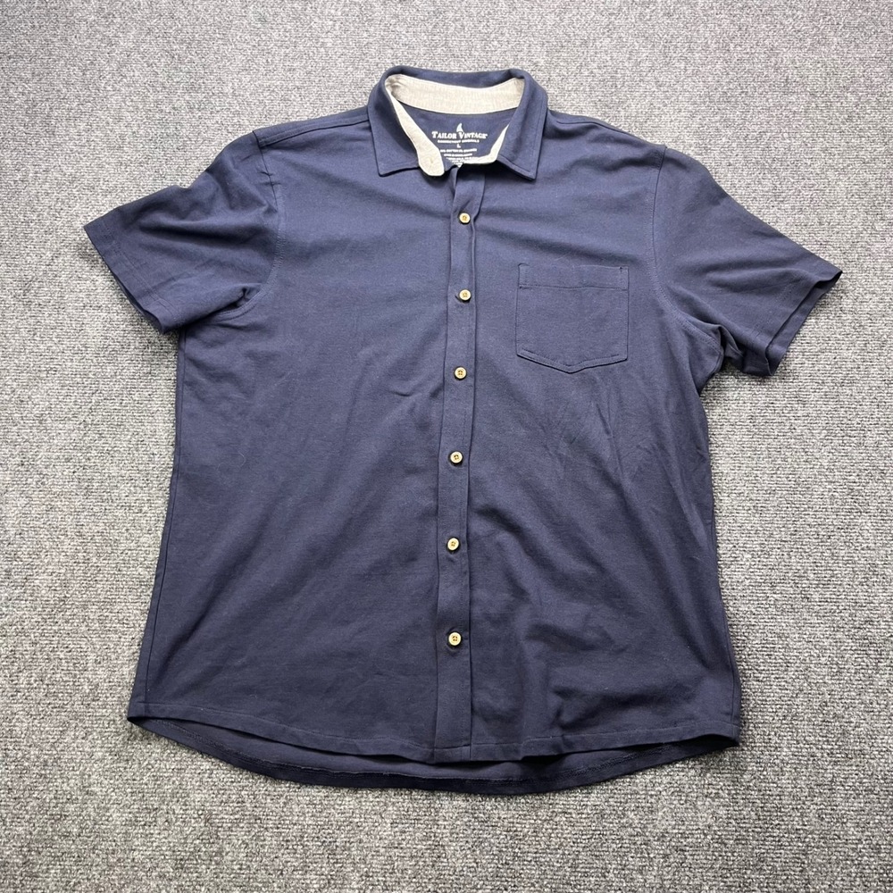 Tailor Vintage Pique Knit Cotton Stretch Navy Blue Short Sleeve Button Down